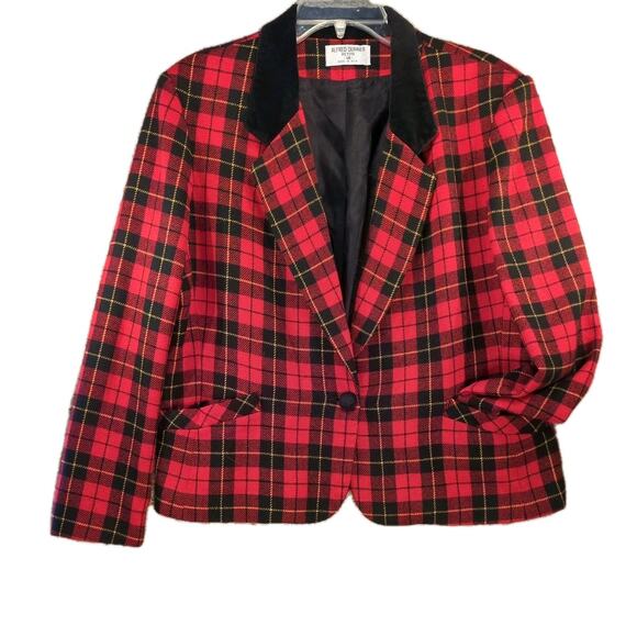 Vintage Alfred Dunner Tartan Blazer Red Wool Velvet Collar 14P Holiday 90s Boxy - Picture 1 of 11